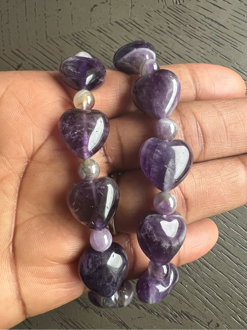 Dream amethyst heart bracelet 15mm SIZE 7.25’ ( ONE )